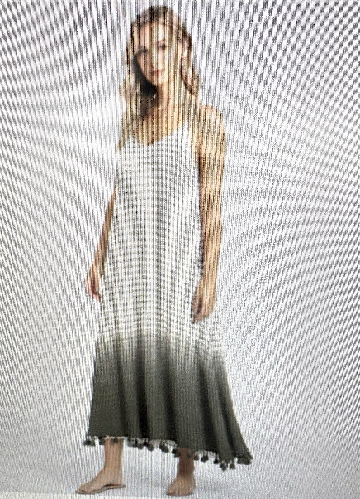 Umgee Gray White Green Striped Ombre Maxi Dress Tassel Hem Large
