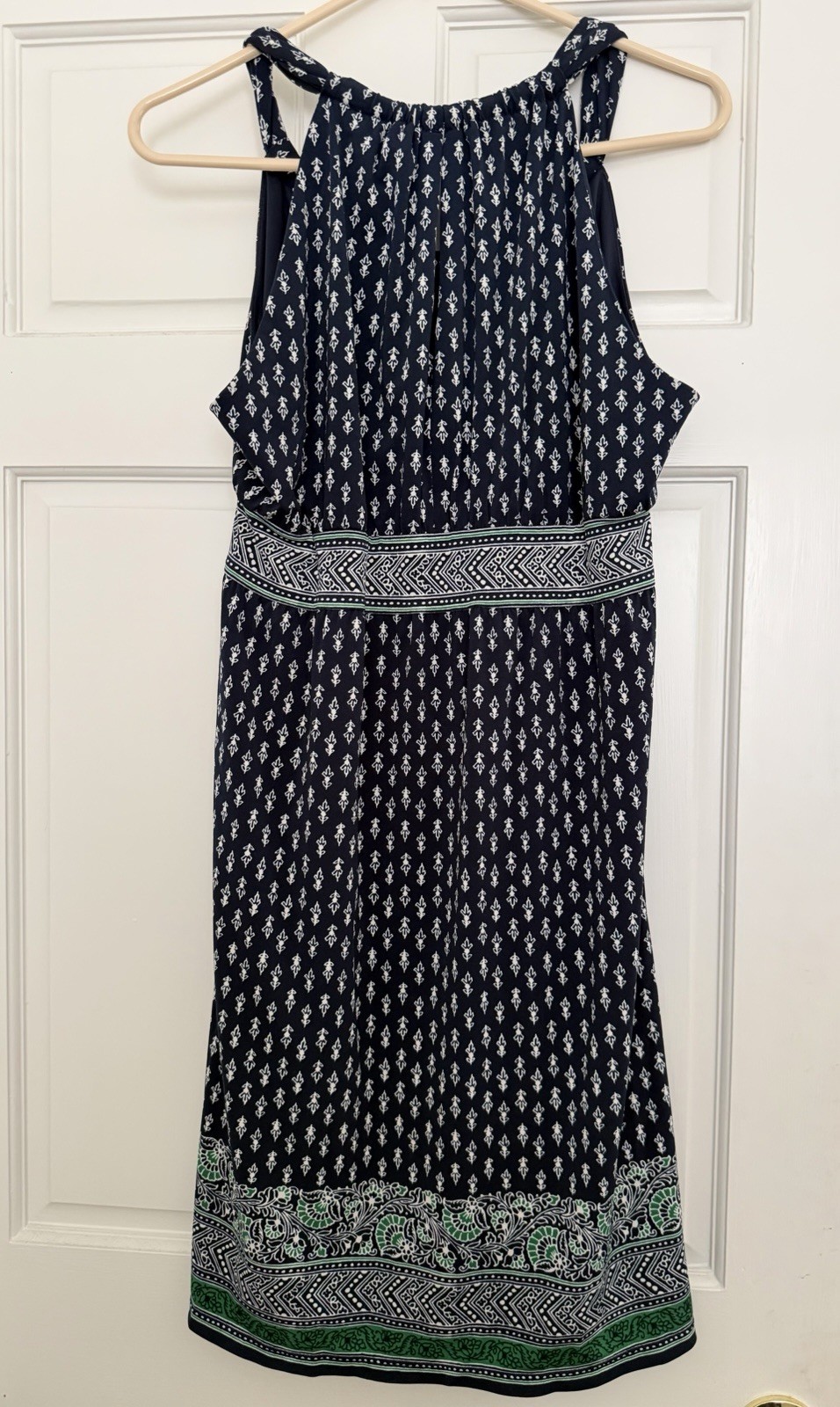 Max Studio Geometric Halter Dress Navy Blue Green Border Print Sundress L Large