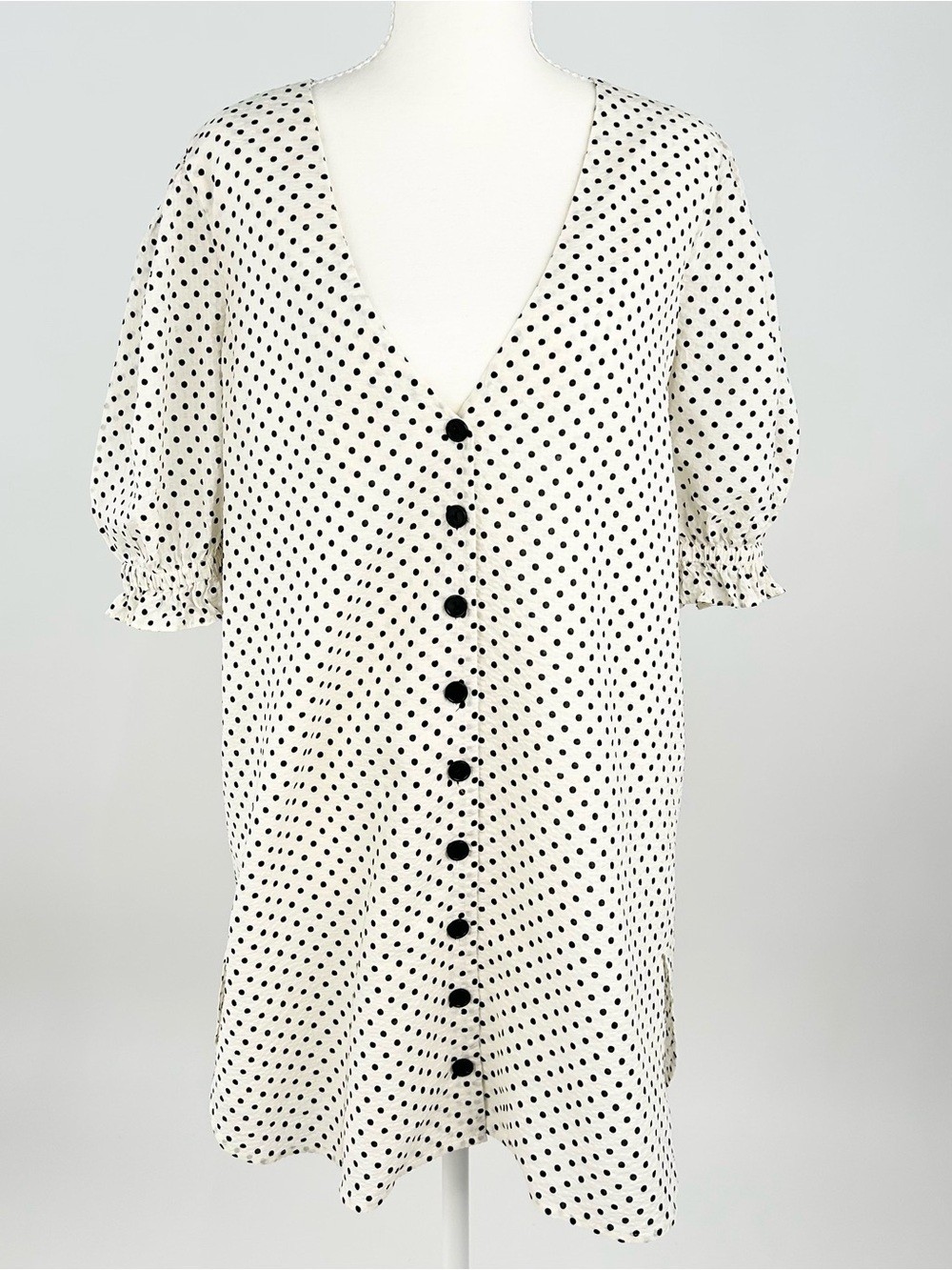 L’Academie Polka Dot Mini Dress Puff Sleeve V-Neck Button Front Size S