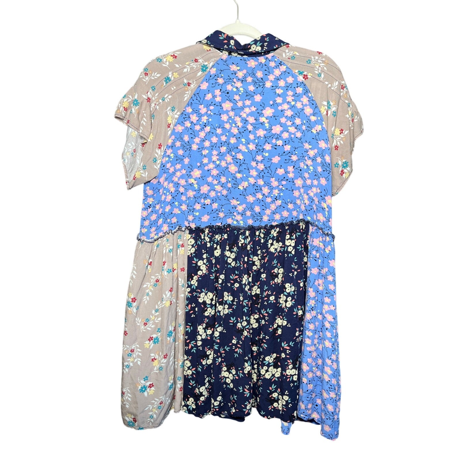 Easel Sz M Oversized Patchwork Floral Boho Button Up Babydoll Shirt Tunic Dress