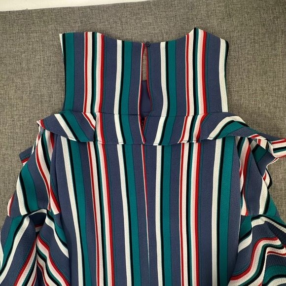 Gianni Bini Striped Dress Flutter Sleeves Cold Shoulder XS Blue Green Red White