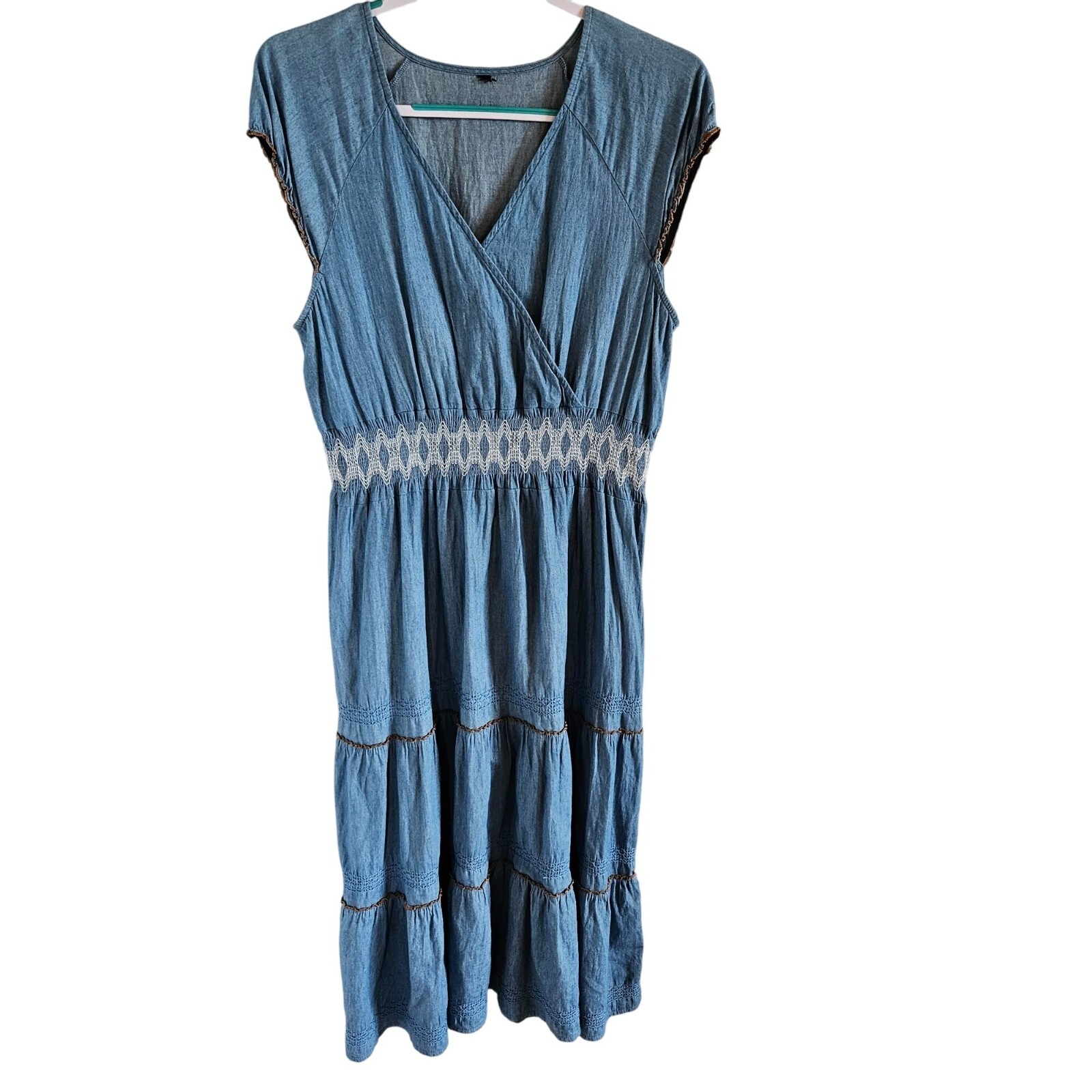 Lapis Woman Size M Tiered Smocked Chambray Maxi Dress Bohemian Western Peasant