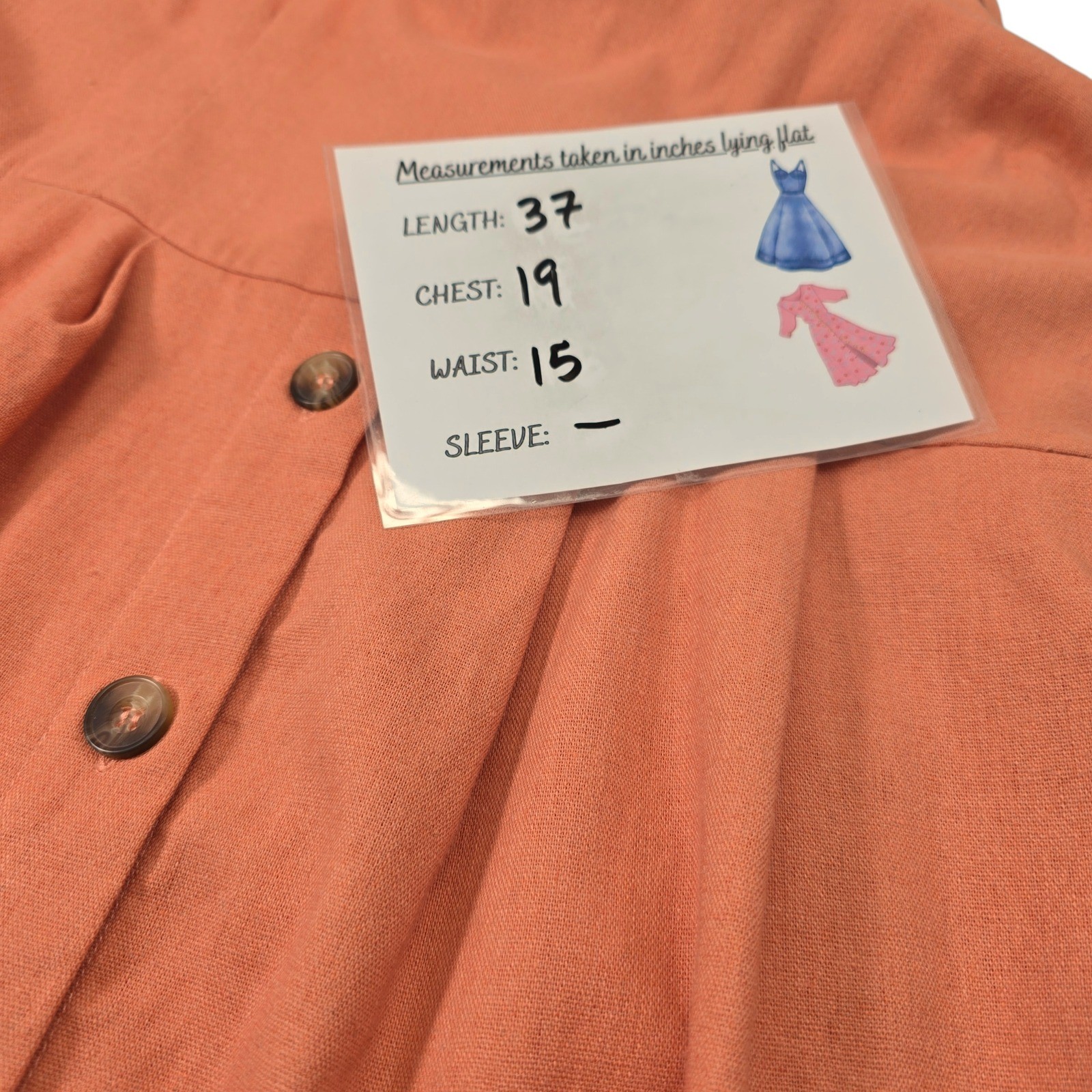Hem & Thread Orange 2 Tie Back Button Front Midi Dress Linen Blend Size Large