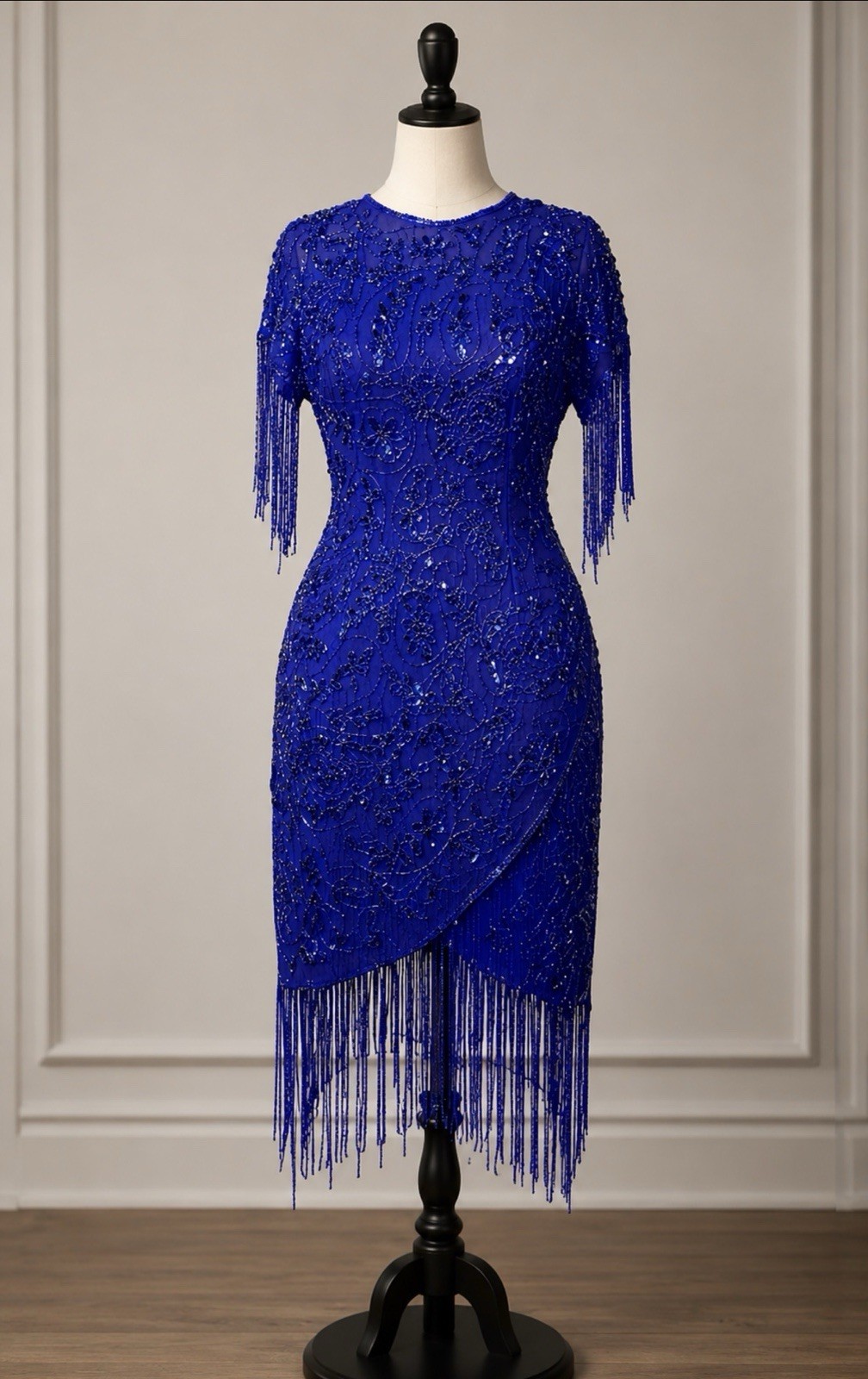 Vintage Royal Blue 100% Silk Beaded Fringe Cocktail Dress Gatsby Art Deco