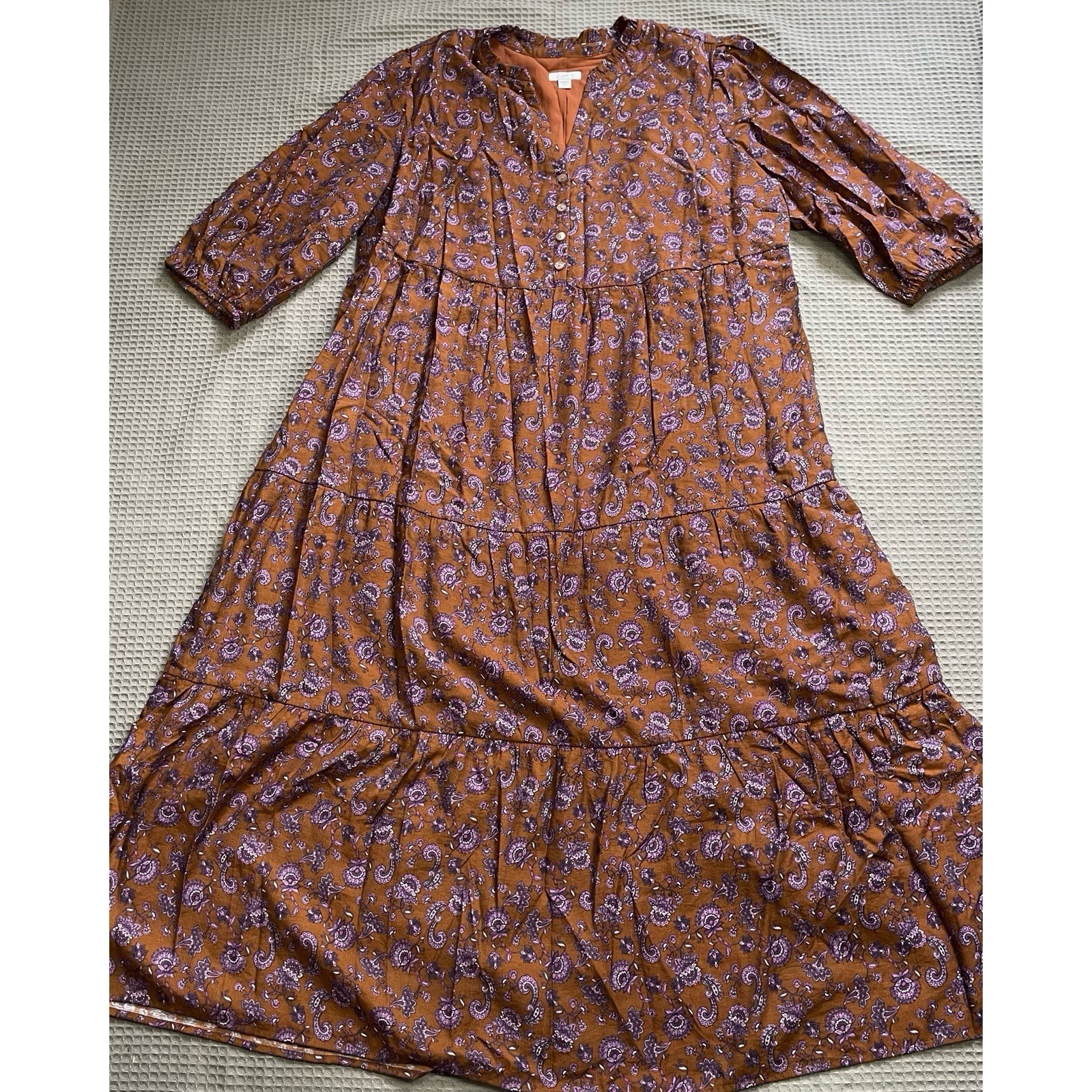 J.Jill Peasant Maxi Dress XLP XL Petite Brown Purple Paisley Woven Cottagecore