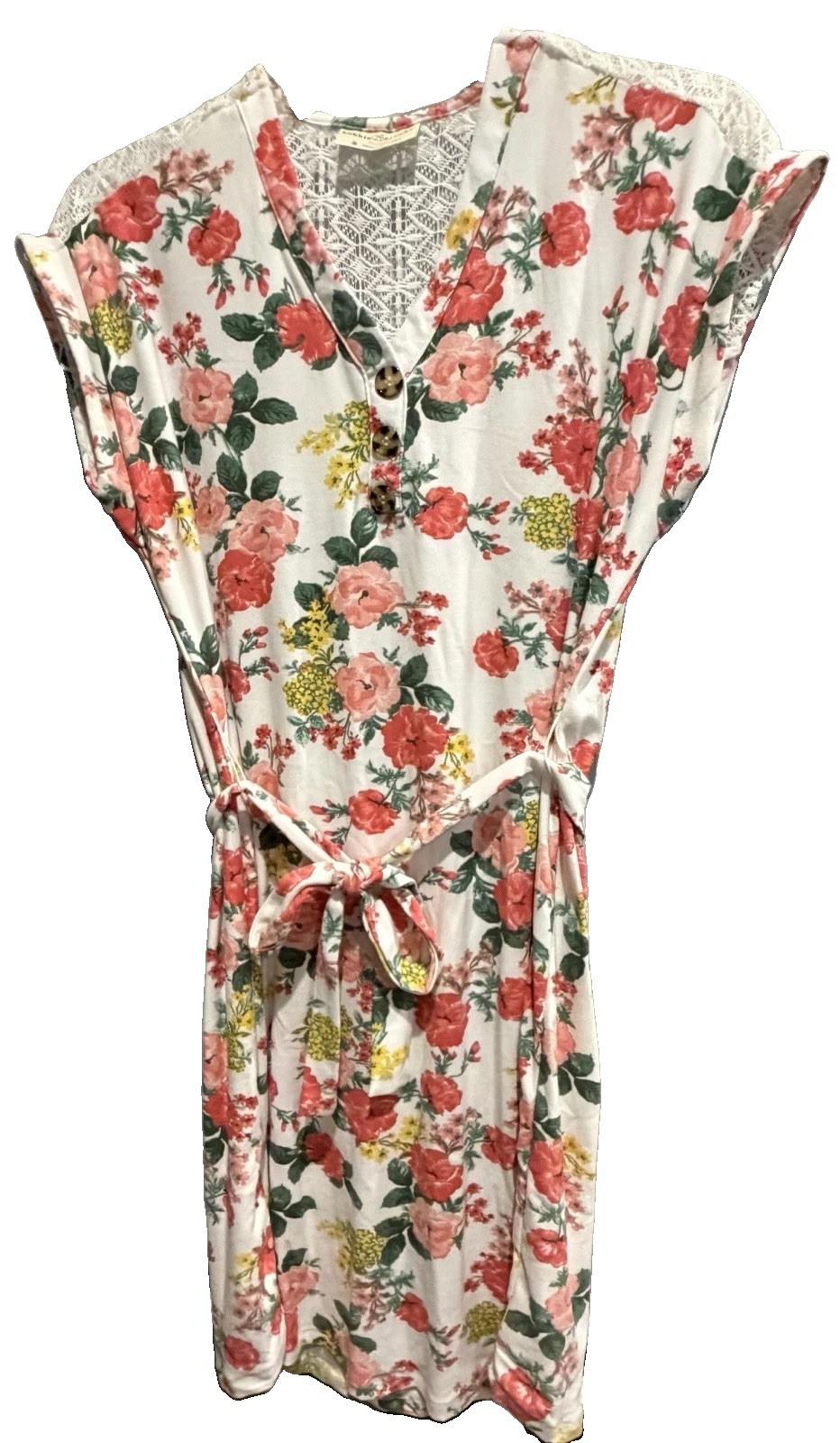 NWT Bobbie Brooks Women’s Small White Floral Dress V Neck Lace Back Waist Tie