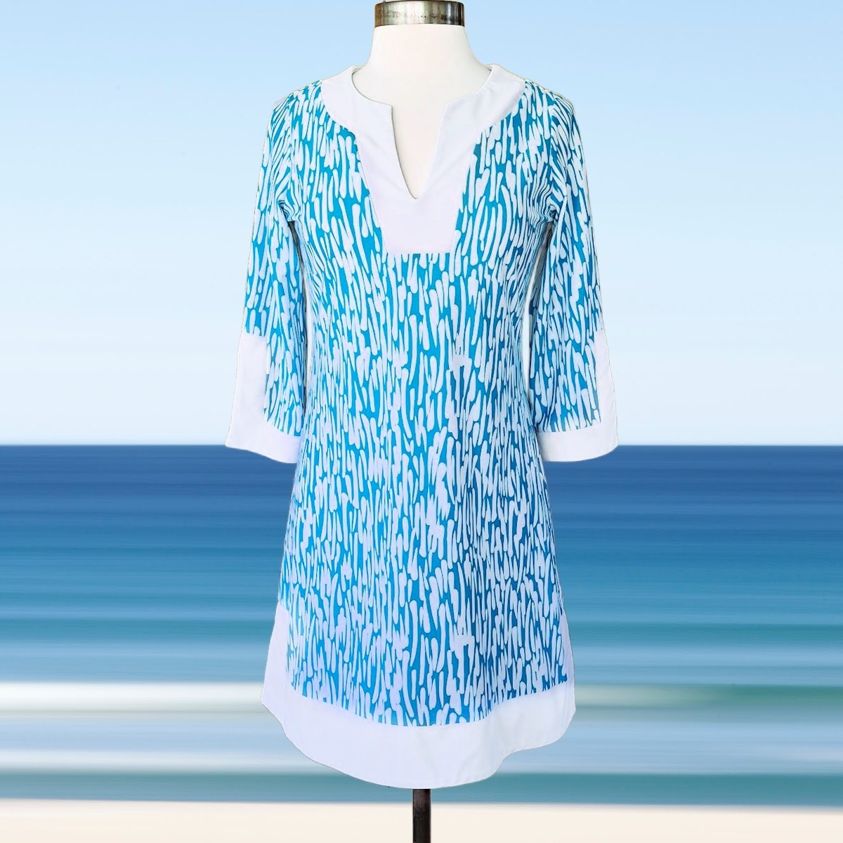 Jude Connally Holly Tunic Mini Dress Size Small Turquoise Blue & White Print