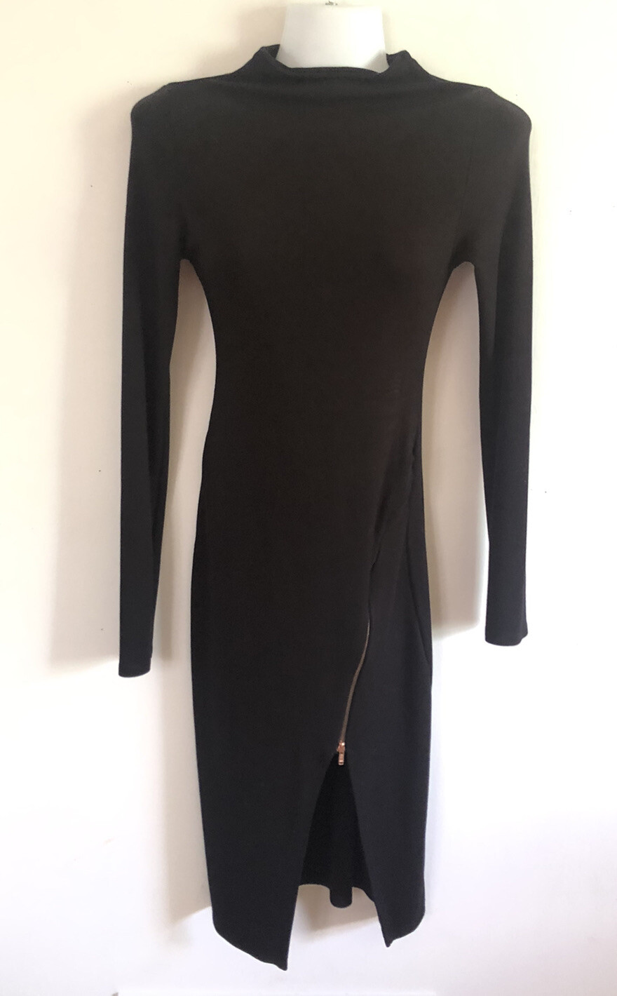 Women’s Black Dress Mock Turtleneck Long Sleeve Midi Small Zipper Slinky I1