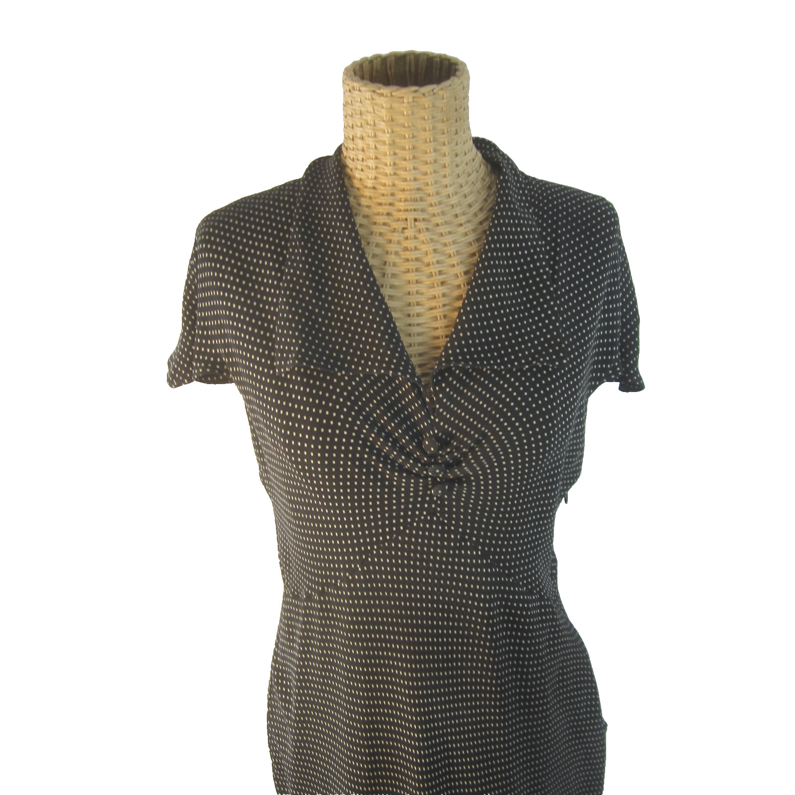 Talbots Women 10 Black White Polka Dot SS 100% Silk Midi Dress Empire Waist