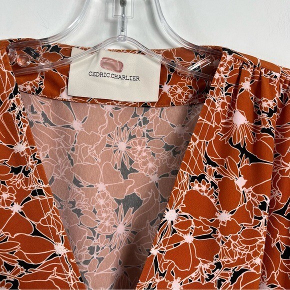 Cedric Charlier Floral Matte Satin Belted Crepe Midi Dress Size 4 Rust Orange