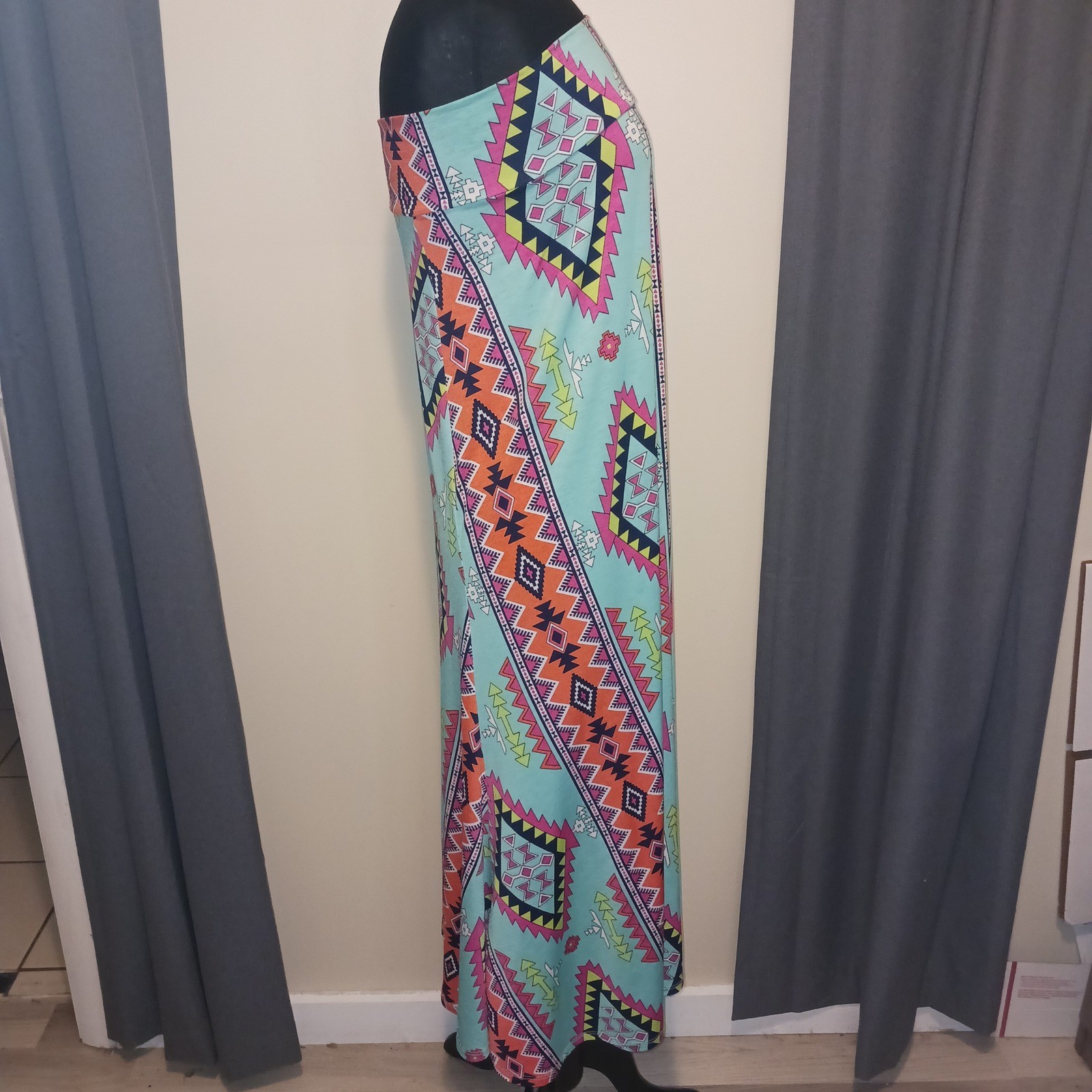 HERSHE Boho Tribal Aztec Bohemian Strapless Maxi Dress Foldover Skirt Xl