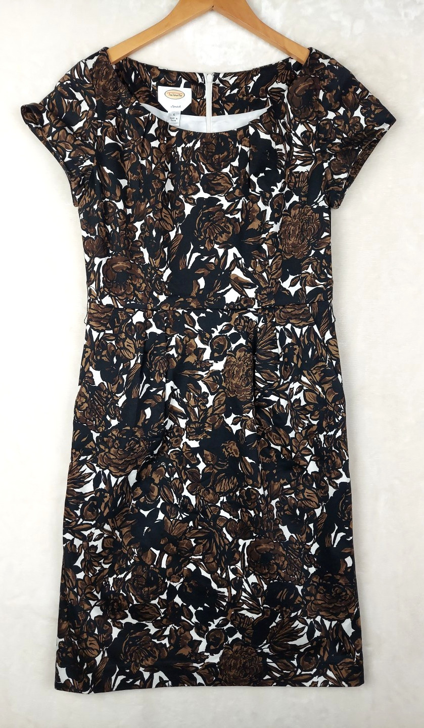 Talbots Sheath Dress Womens 6 Brown Floral Pockets Stretch Classic Office Career