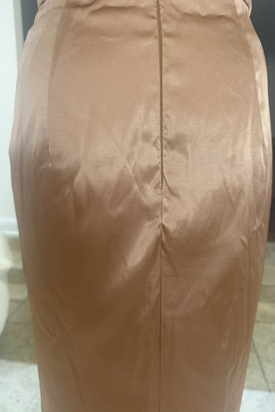 After Six Stretch Satin Toffee Halter Midi Dress with Draped Tulip Skirt Size 2R