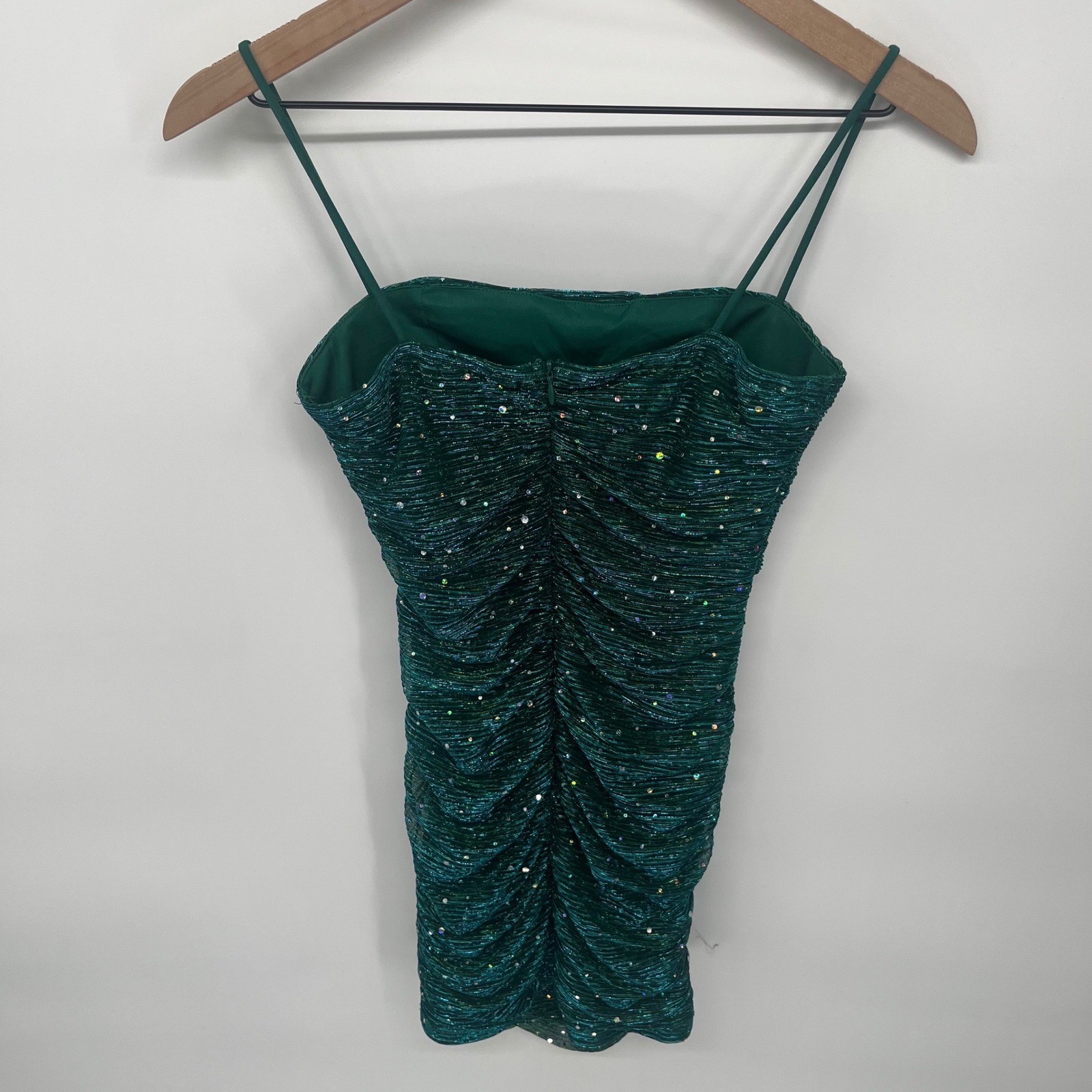 Lulus Mini Dress Womens 2 Green Ruched Rhinestone Glitter Party Bodycon