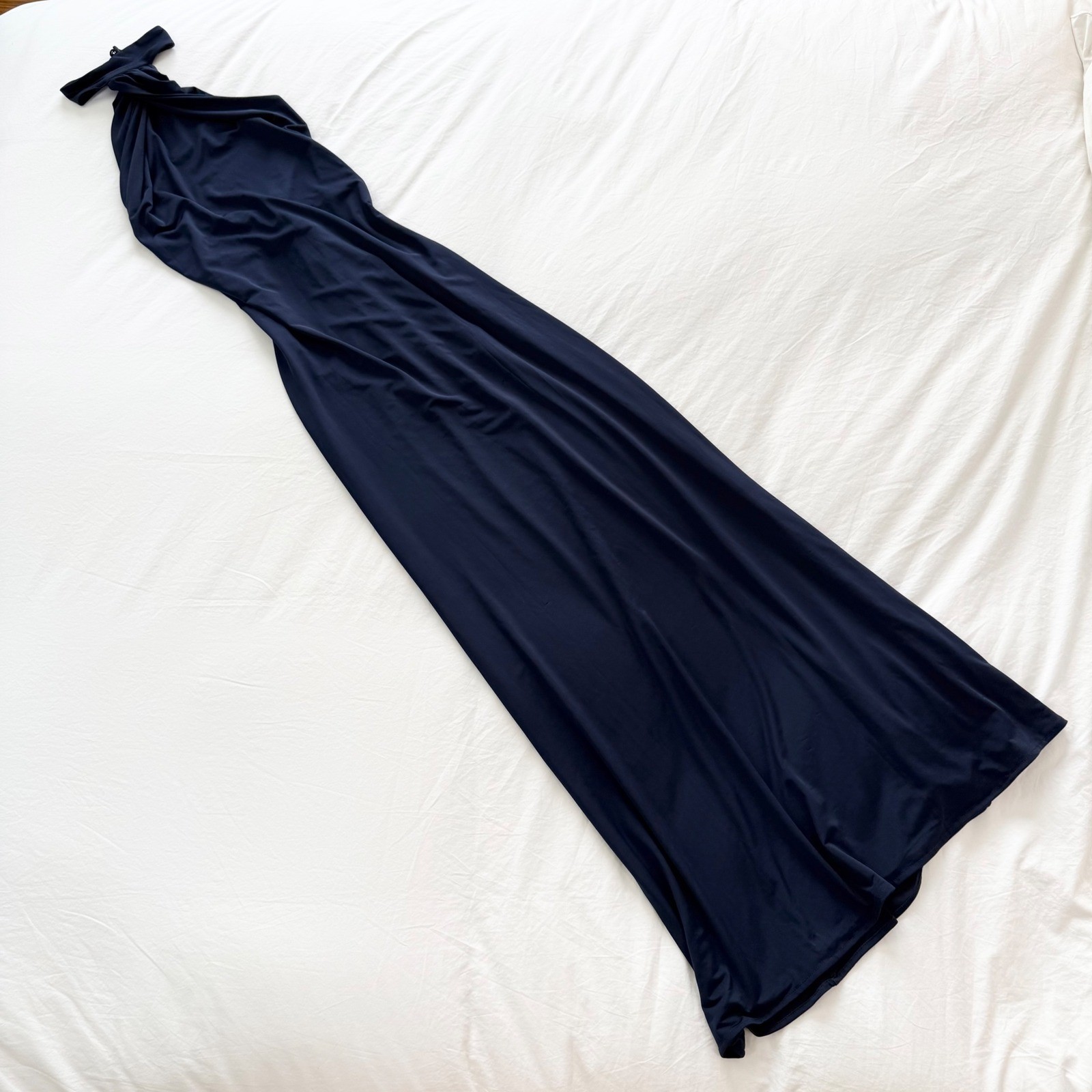 MESHKI Elyna Slinky Halter Open Back Maxi Dress Navy NWT XXS