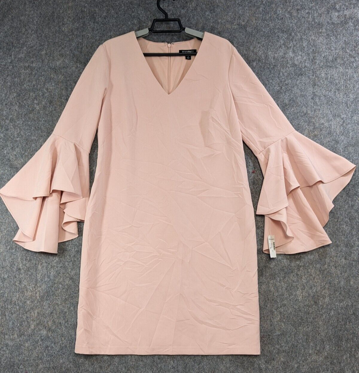 Roz & Ali Dress Women 8 Pink Shift Stretch Lined Zip-up Long Bell Sleeve V-Neck