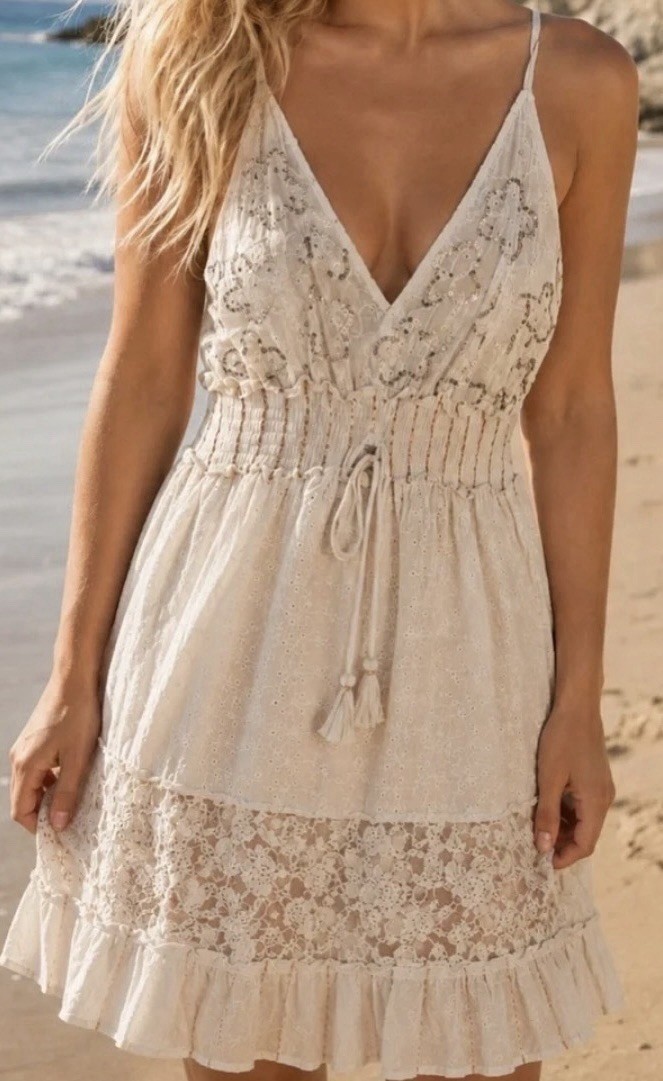 White Waves Lace V-Neck Mini Dress S Adjustable Spaghetti Straps Tassel Ruffle