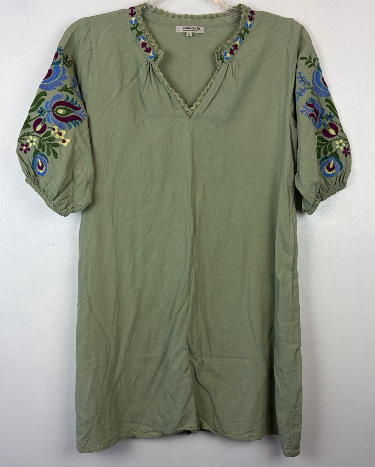 Natura Portugal Mini Dress Womens XS Green Embroidered Boho Casual Festival