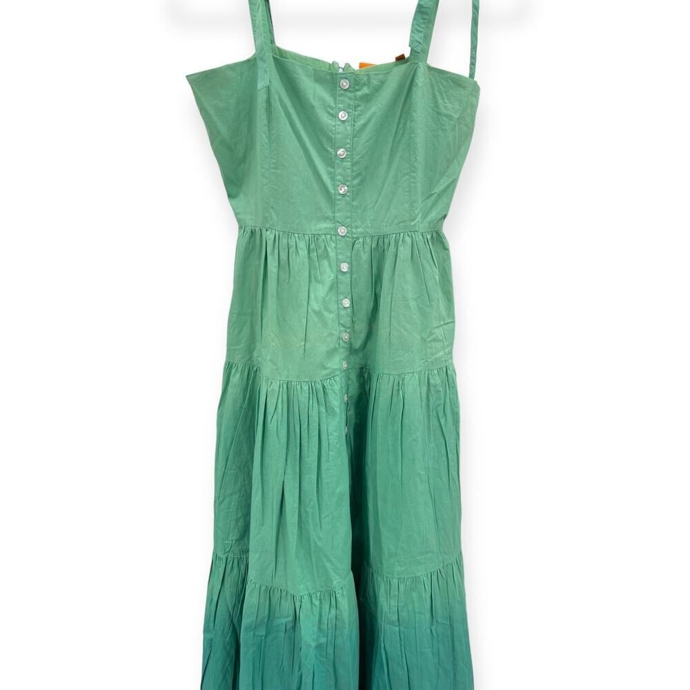 Oliphant NEW Tie Strap Button Cotton Poplin Midi Dress in Ombre Green – Size XS