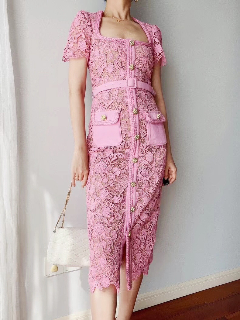 Lady Pink Lang Dress Lace Long Dress Hollow Guipure Lace