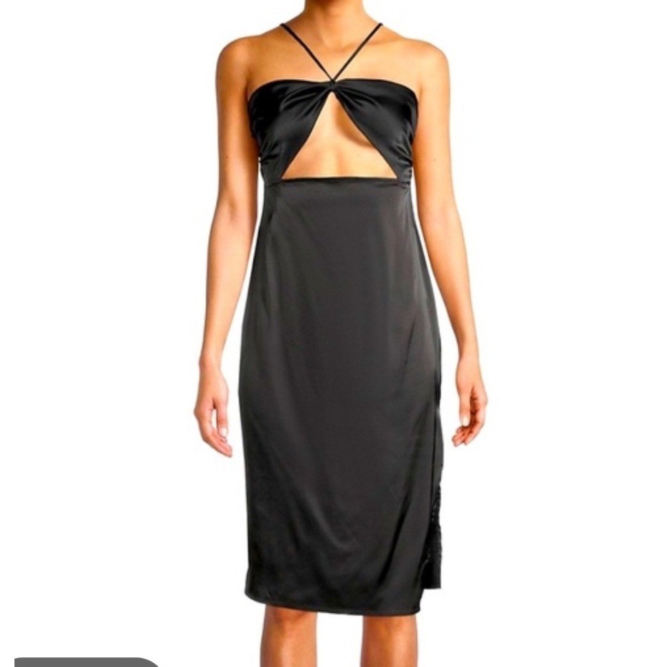 Danielle Bernstein Black Satin Cutout Halter Midi Dress Lace Up Back Womens M