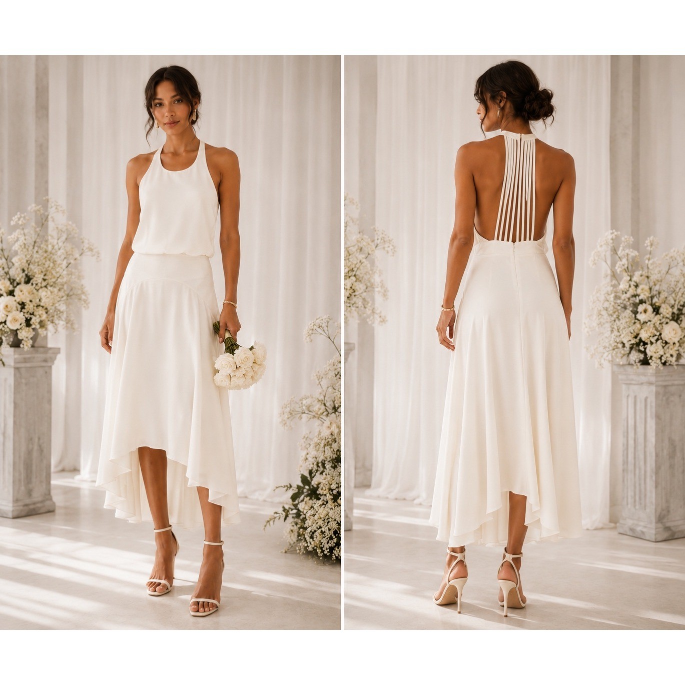 Halston Heritage White High Low Gown Open Back Cage Detail NWT Size 12