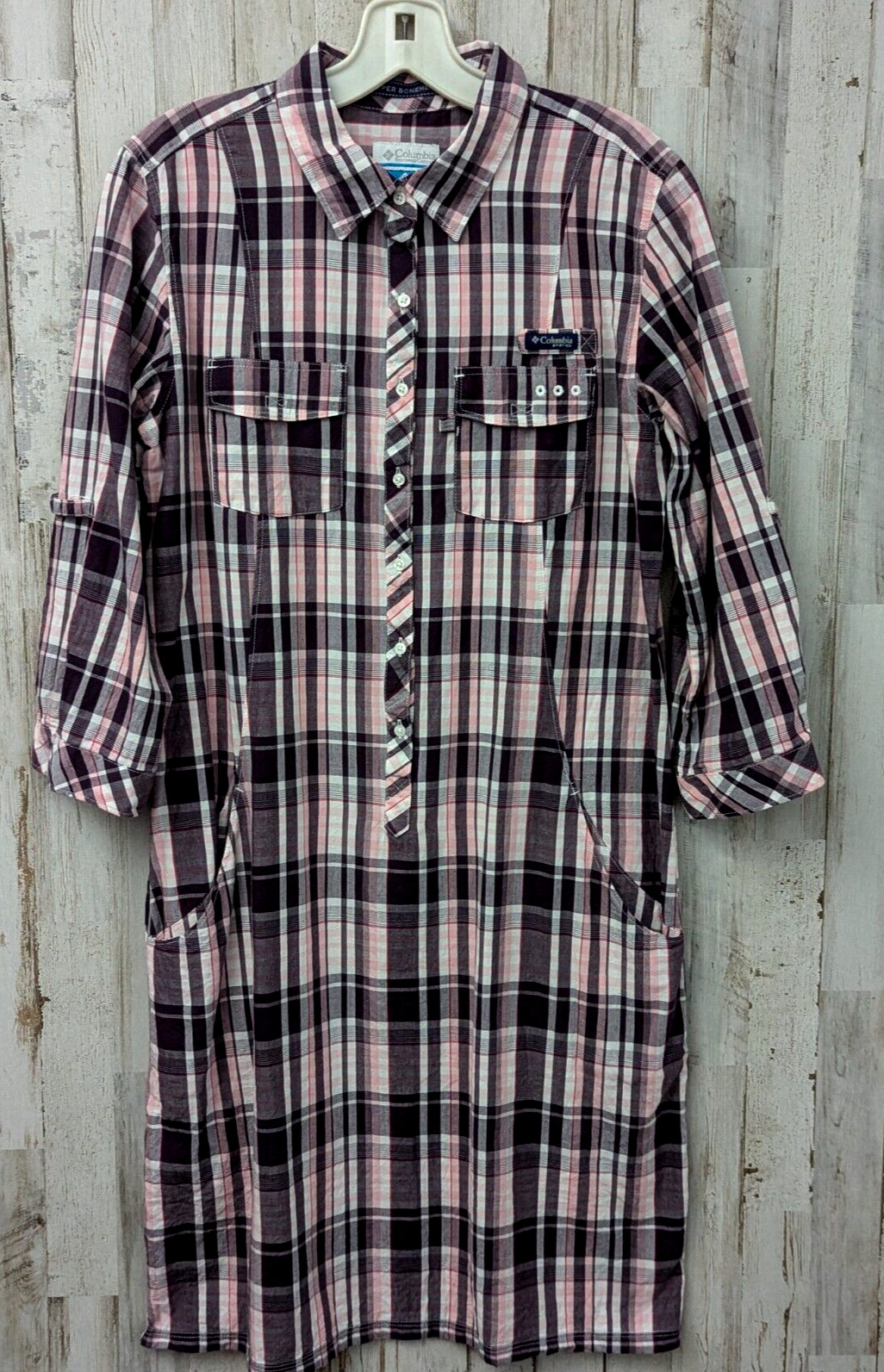 Columbia PFG Super Bonehead Dress Medium Pink Plaid Pockets Preppy Outdoor Beach