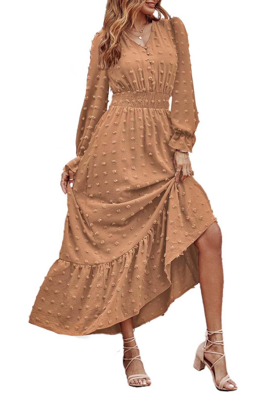 MASCOMODA Women Maxi Dress 2025 Fall Long Sleeve V Neck Swiss Dot Boho Smocked