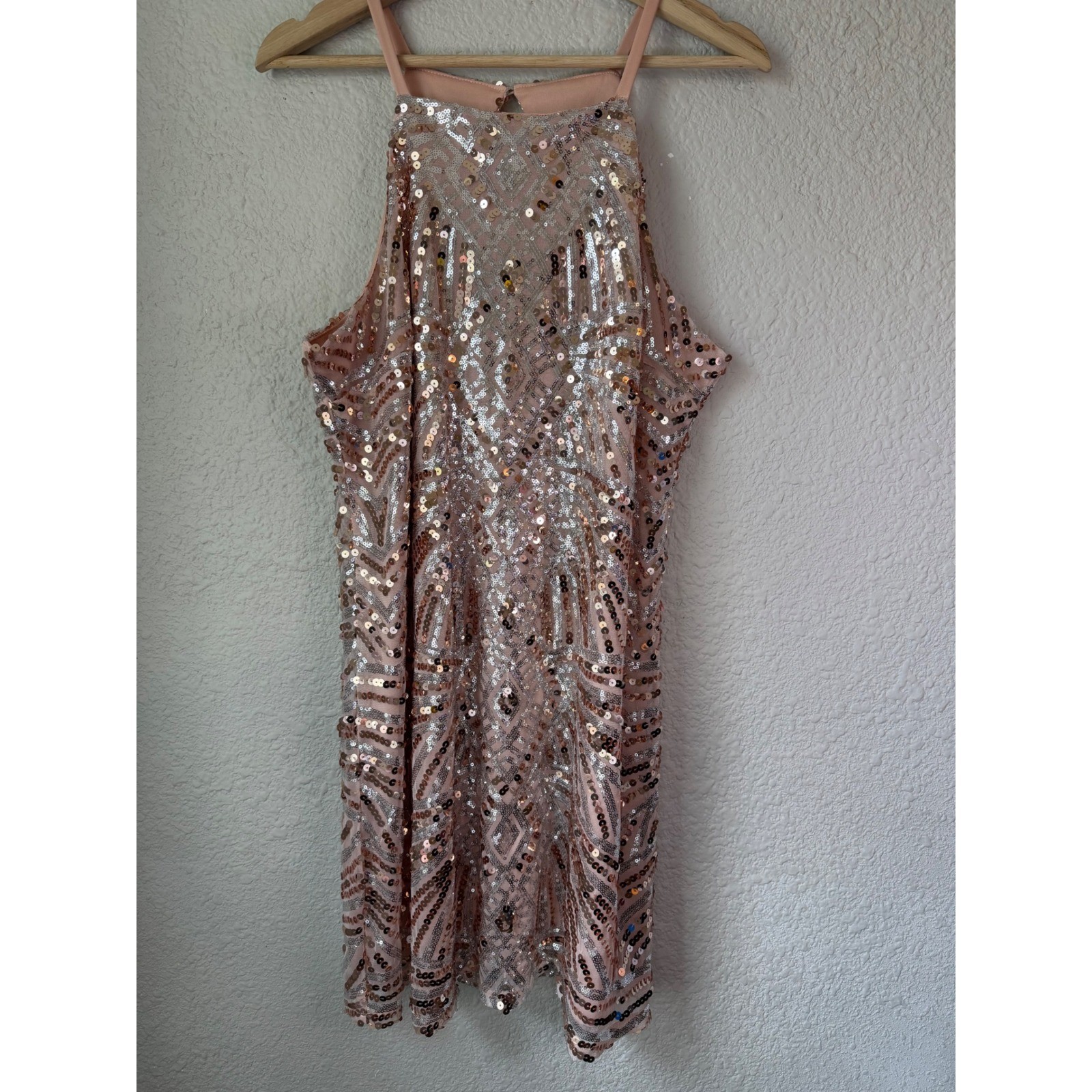 Charlotte Russe Rose Gold Sequin Halter Mini Dress XL Geometric Party Cocktail