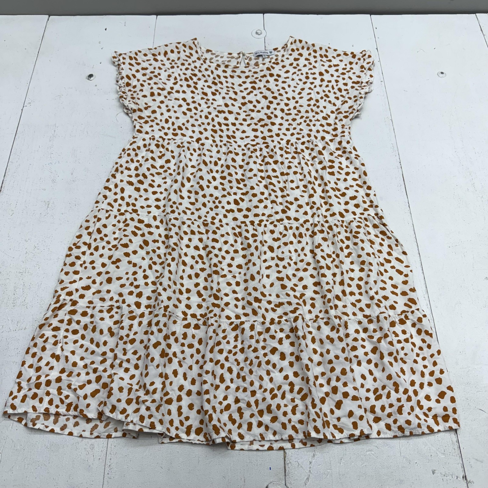 ELINGS Dress Womens Size XL White Brown Spot Print Ruffle Hem Short Sleeve