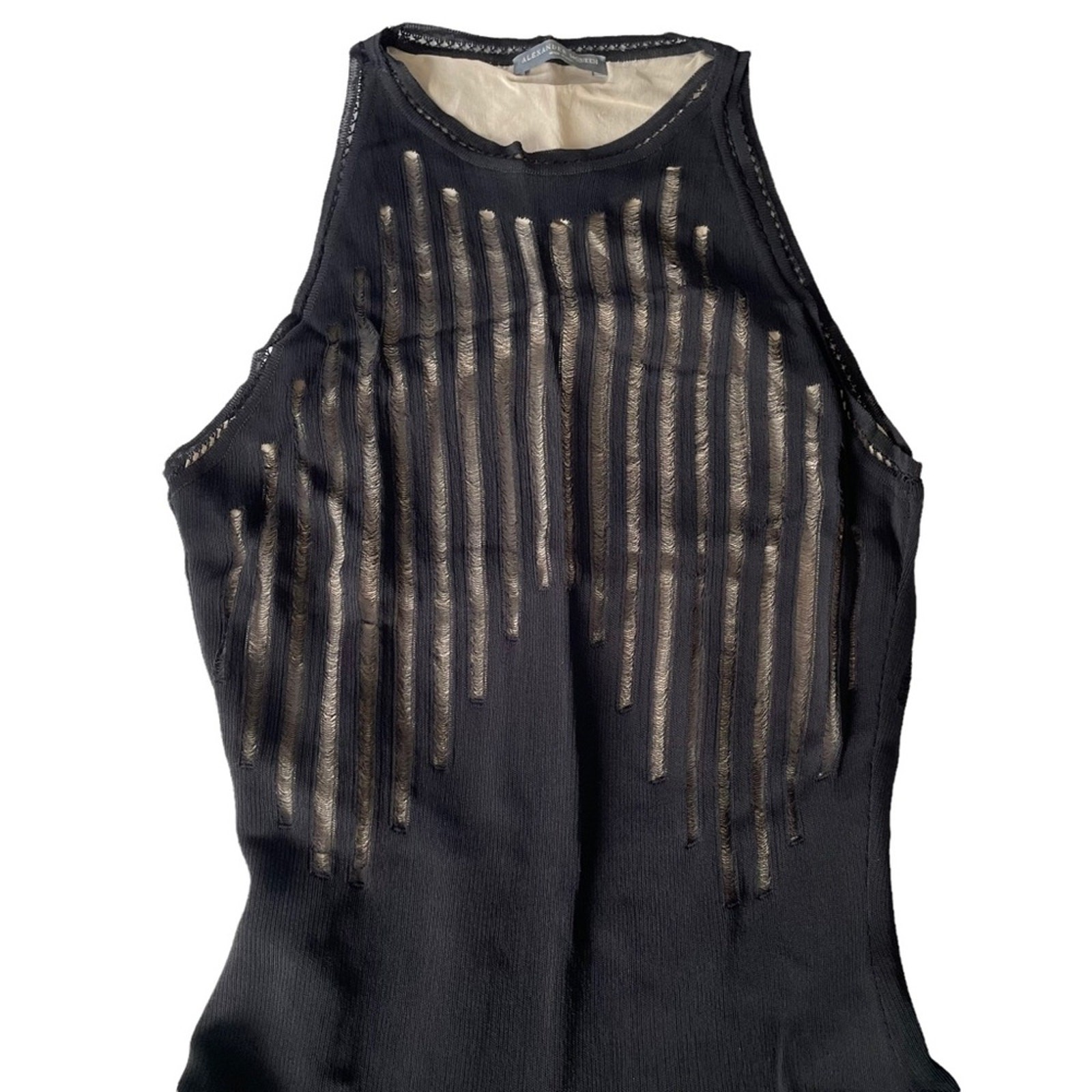 Alexander McQueen Knit Sheer Shirred Dress A Line Cocktail Party Black S EUC