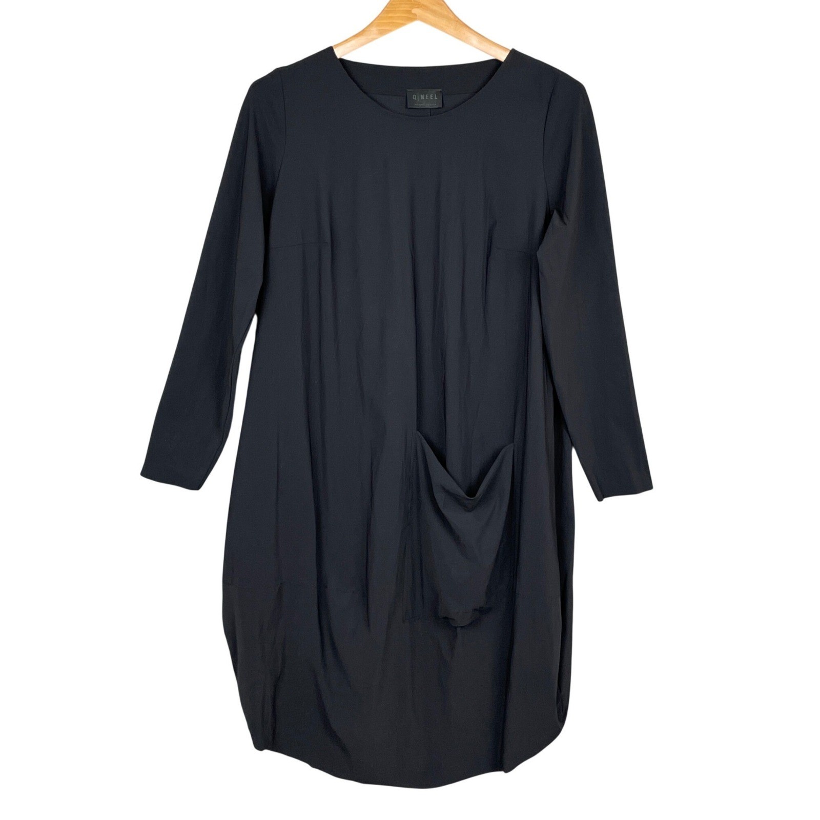 Lagenlook Black Tulip Hem Midi Tunic Dress Women 2 Pocket Oversized Minimalist