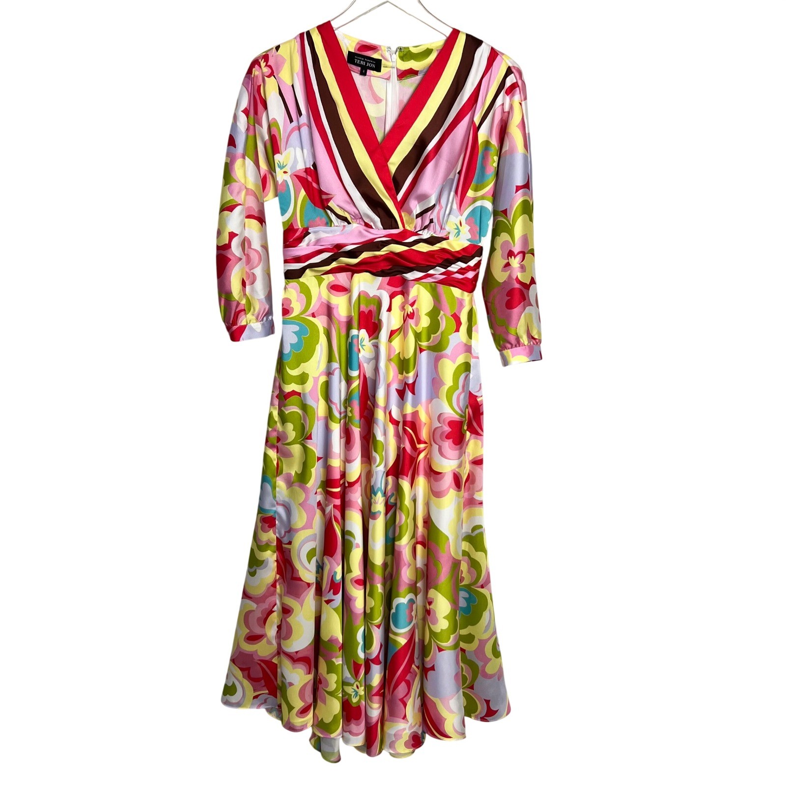 Teri Jon Rickie Freeman Pink Floral Psychedelic V-Neck Midi Dress Size 4