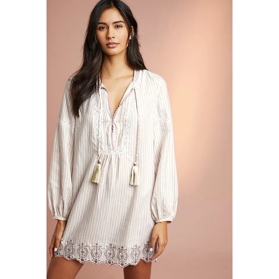 Anthropologie Floreat Striped Sleep Dress Tassel Tunic Embroidered Mauve XS New