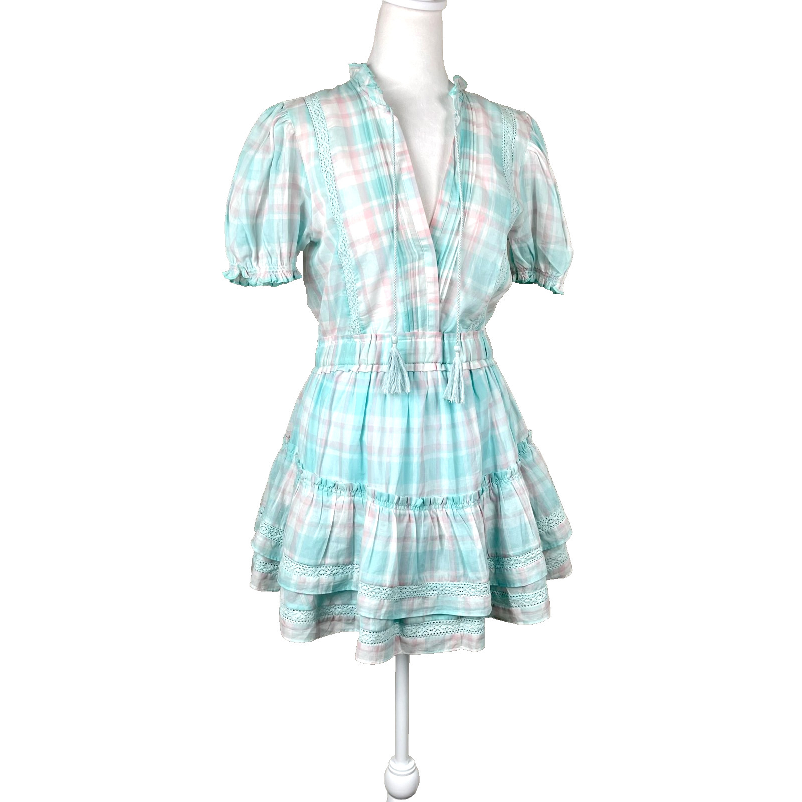 Mable Pastel Plaid Tiered Mini Dress Cotton Cottagecore Coquette Sz S NWT