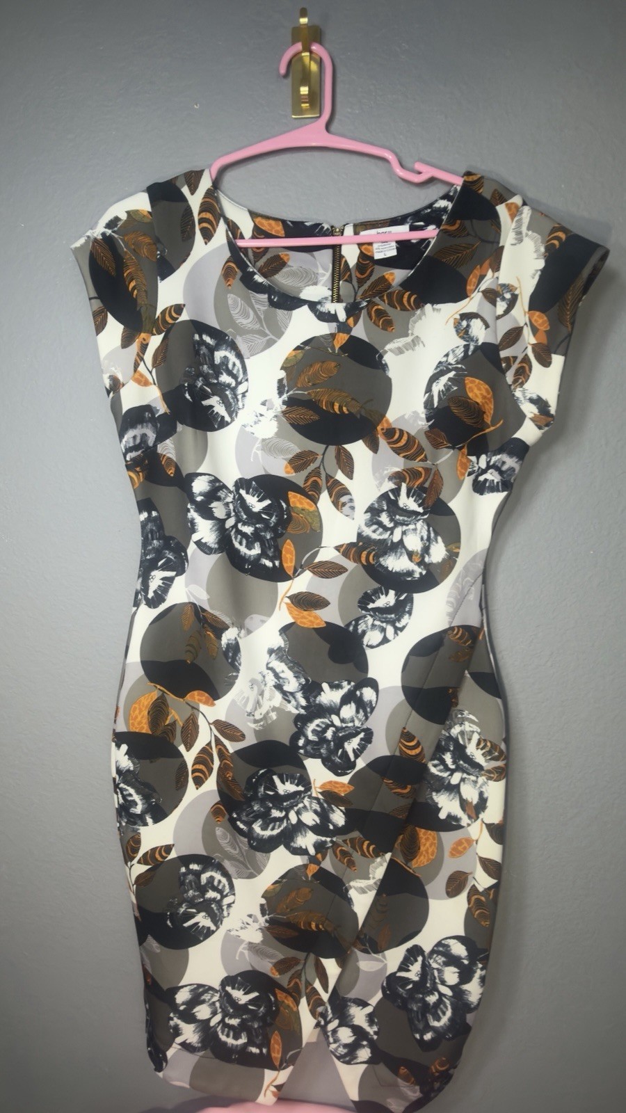 Bar III L White Black Gray Orange Floral Sheath Dress Sleeveless Zip Stretch