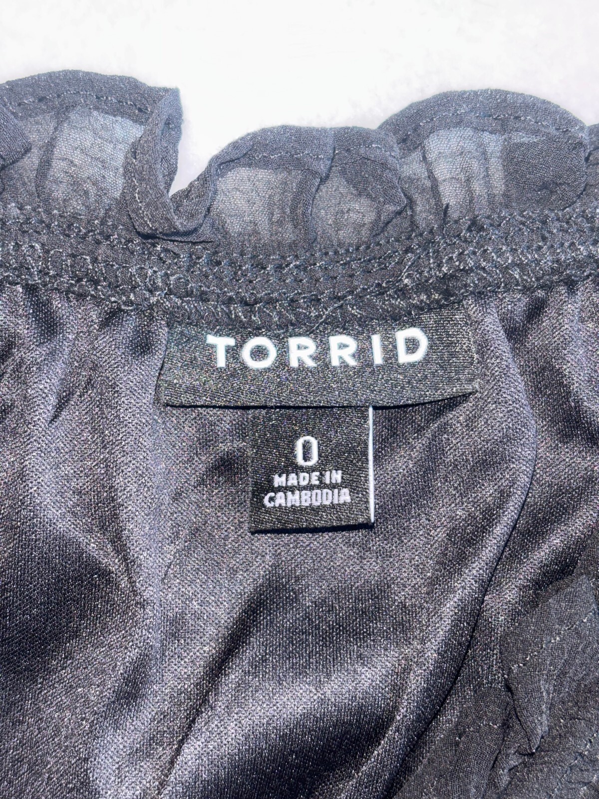 Torrid Size 0 Black Smocked Mini Dress Ruffle Shoulder Chiffon Flared L 12