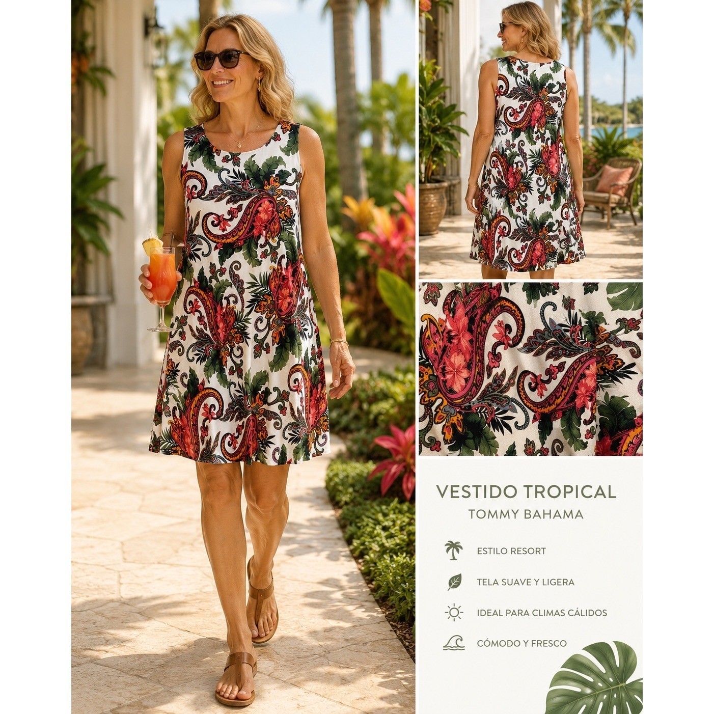 Tommy Bahama Dress Womens L White Red Green Tropical Paisley Sleeveless Shift