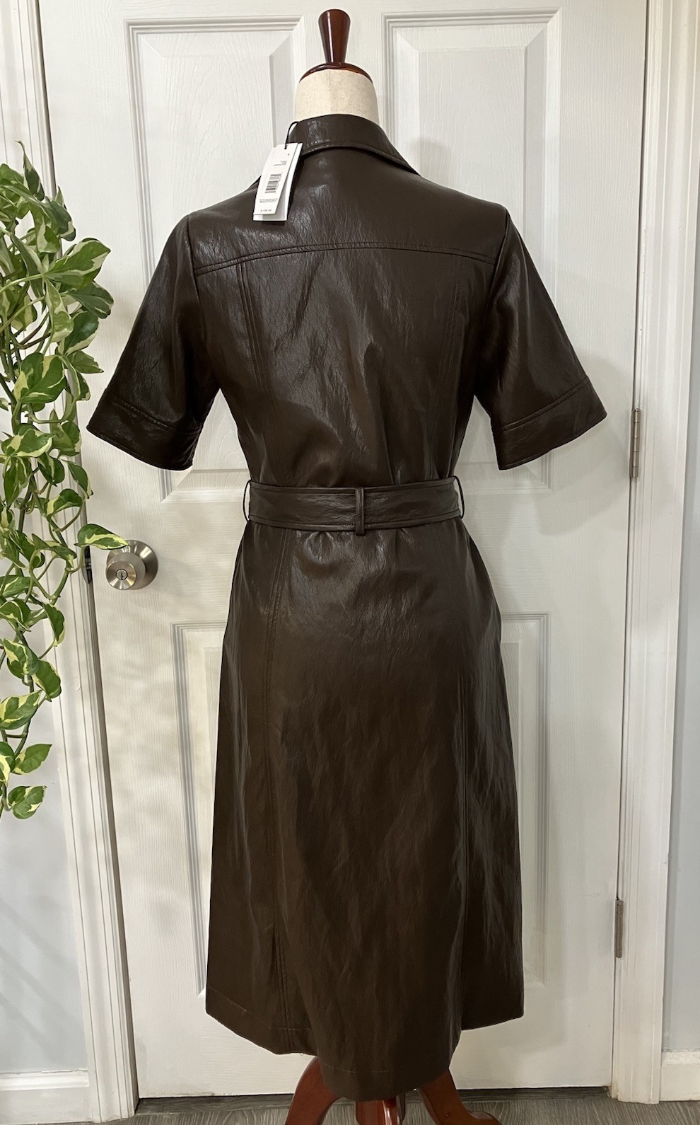 New T Tahari Espresso Vegan Leather Collared Belted Dress Gold Button/Buckle S/M