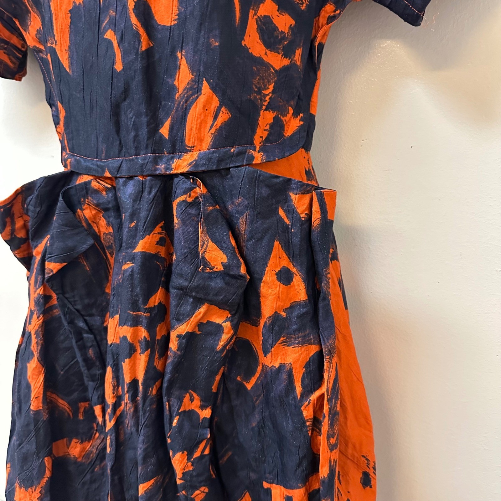 Cacharel Navy Orange Abstract Metallic Tulip Skirt Dress Aeffe Spa USA 4