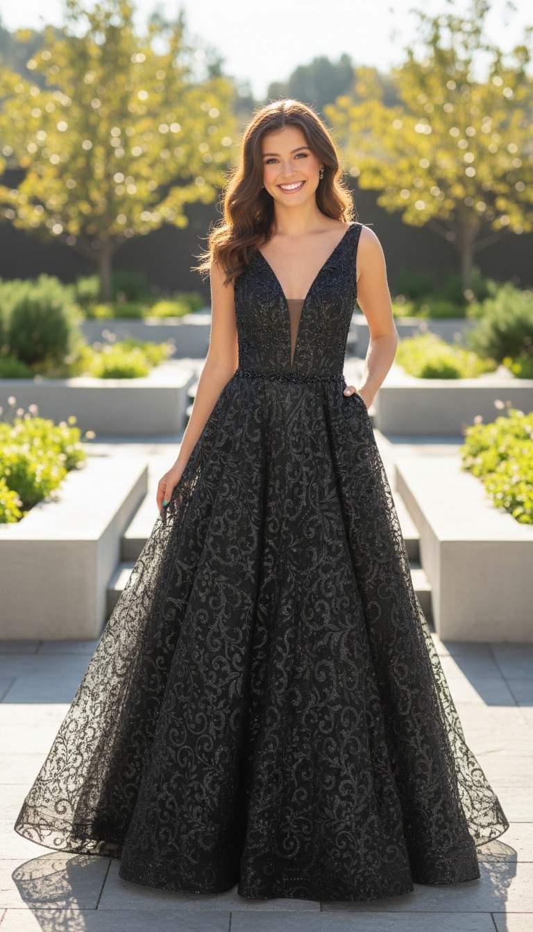 Black Long Embroidered Sequin V Neck Prom Dress Size 6 Pockets Formal Gown
