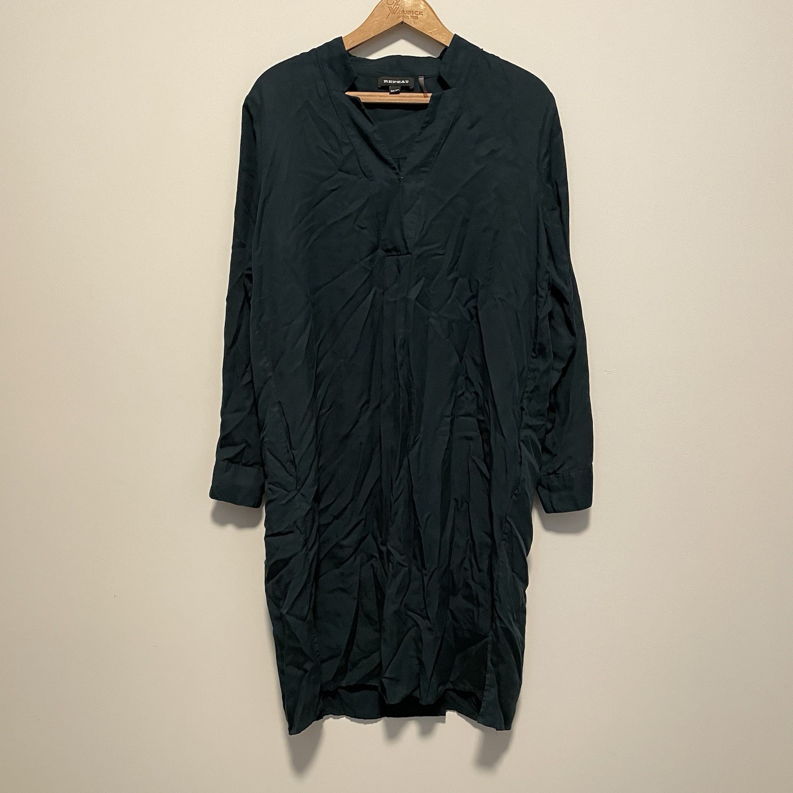 Repeat Cashmere Emerald Green 100% Tencel Tunic Dress 36 XS Long Sleeve V-Neck