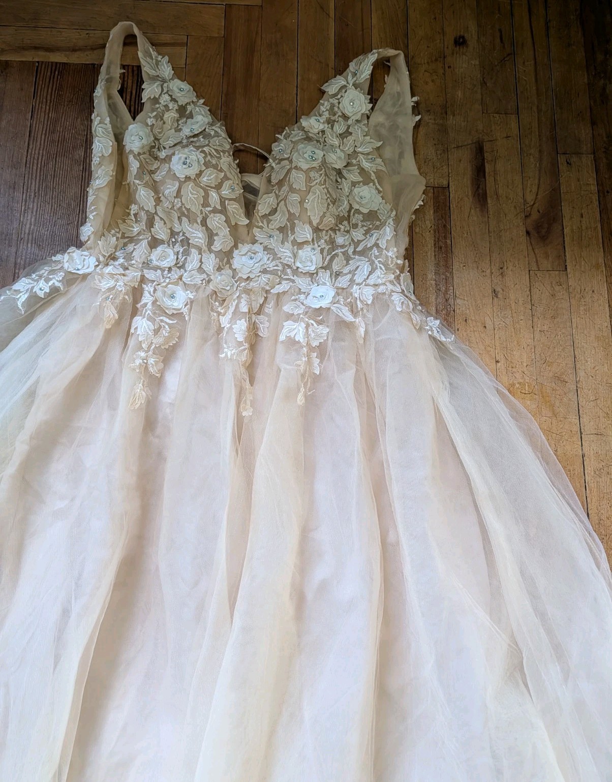 Champagne V Neck Tulle Lace Jewel Applique Long Prom Evening Dress Ball Gown 16W