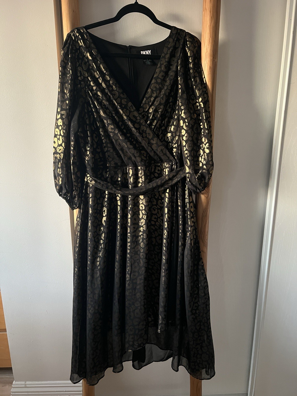 DKNY Womens Black/Gold Metallic Animal Print Wrap Belted Midi Dress 16