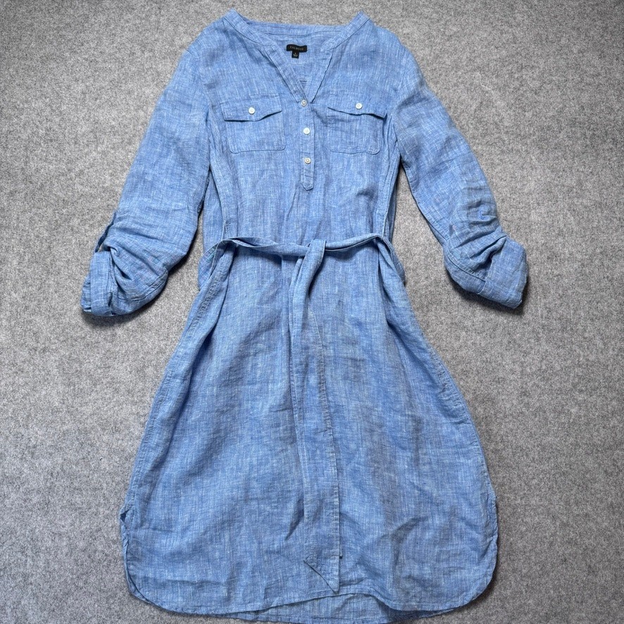 Talbots Blue 100% Linen Belted Shirtdress Small Roll Tab Sleeve Coastal