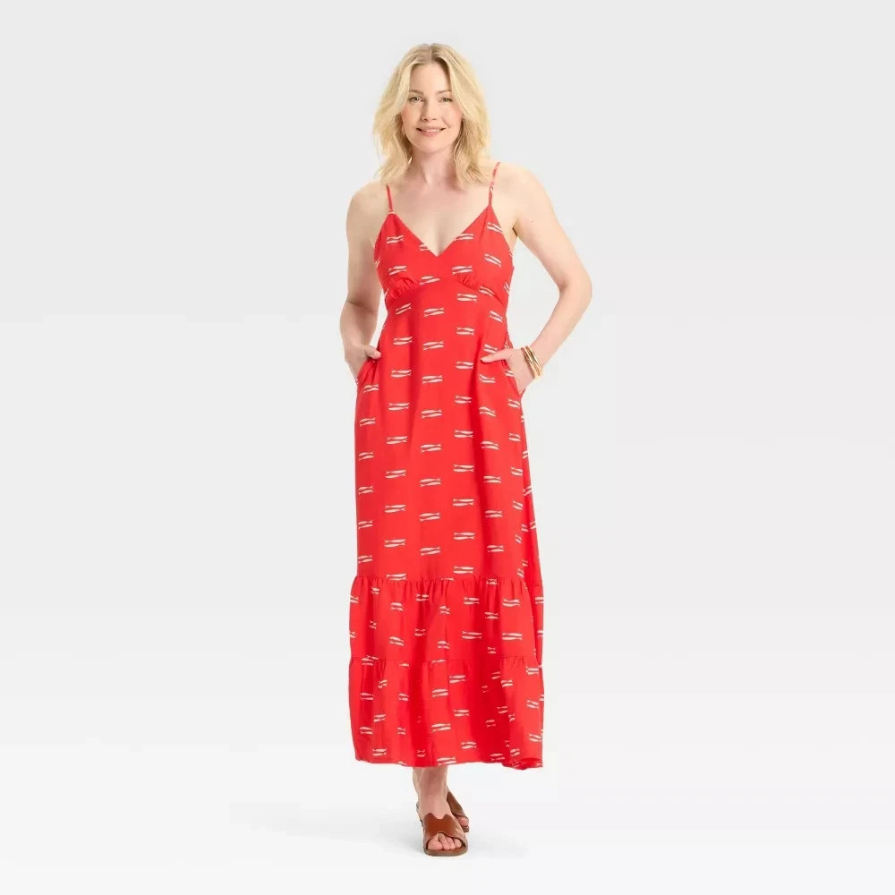 A New Day Women’s Open Back Maxi Dress with Pockets Red/White Fish Size XL