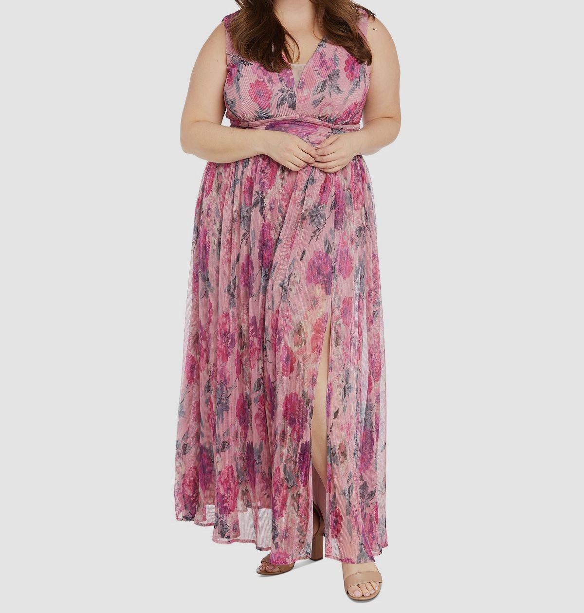 R & M Richards Women’s Pink Metallic Crinkle-Pleat Floral Dress Plus Size 22W