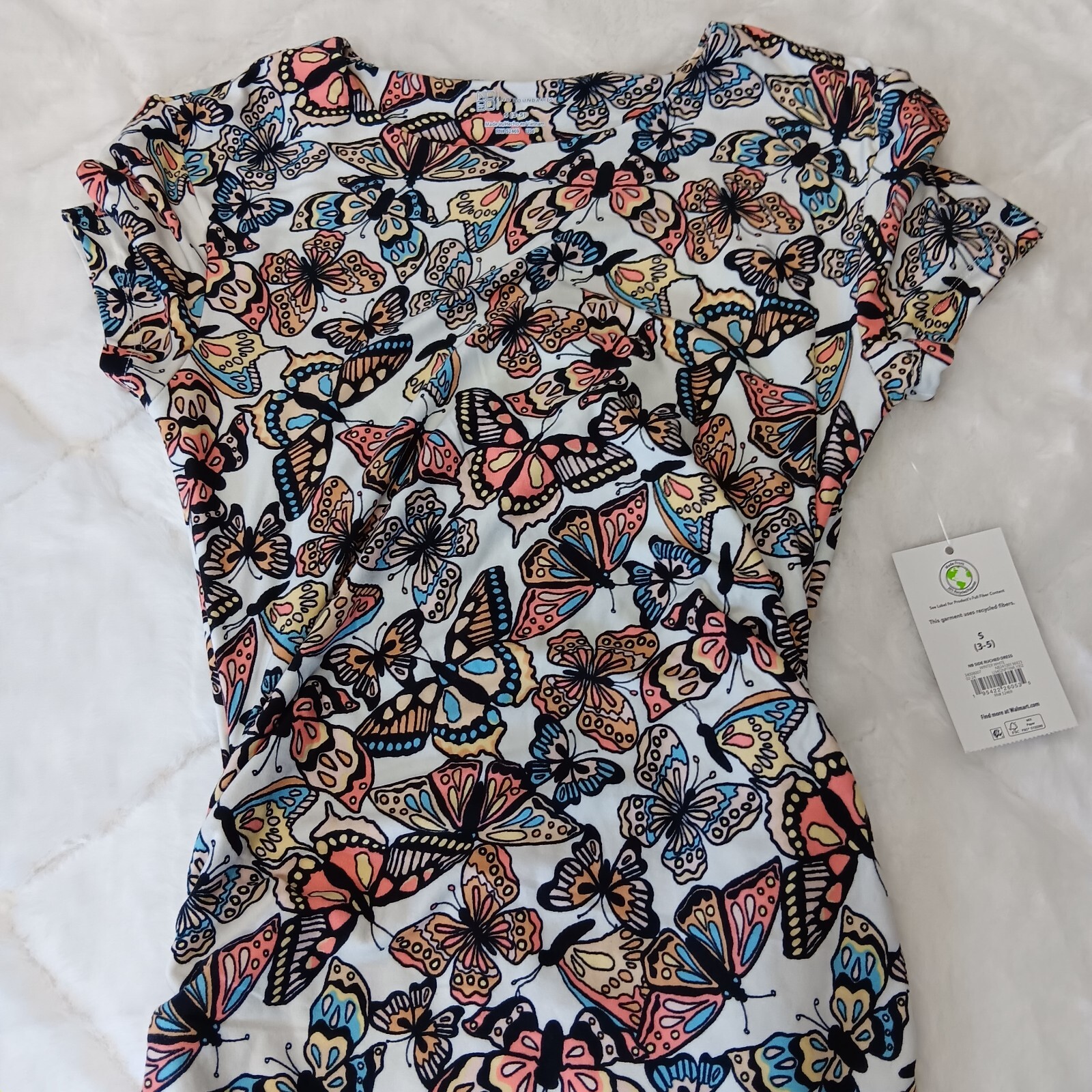 butterfly pattern winter white side ruched t-shirt dress jrs size medium