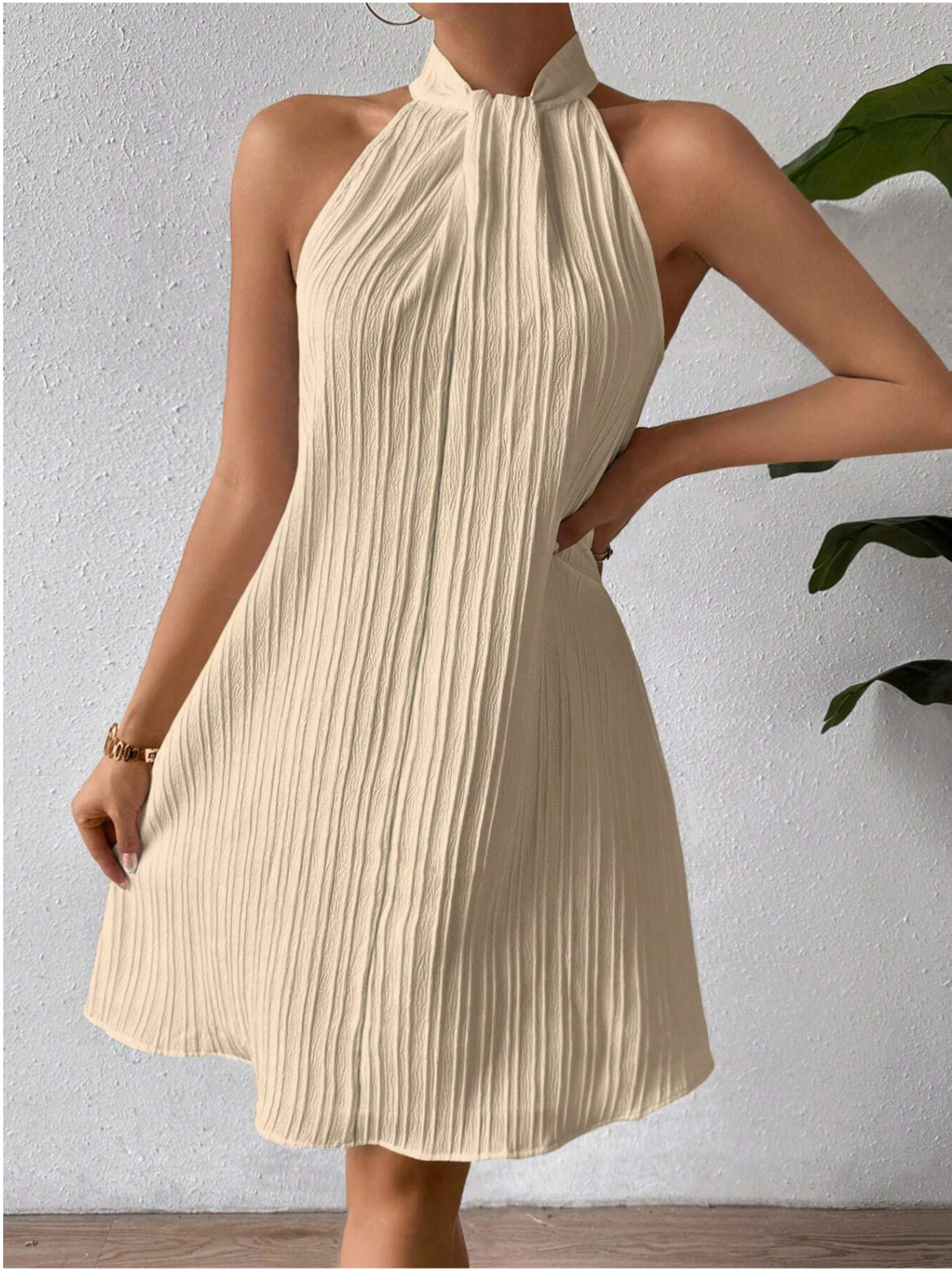 ApricotRaffinéa Elegant Women Stylish Solid Vertical Striped Camisole Lady Dress