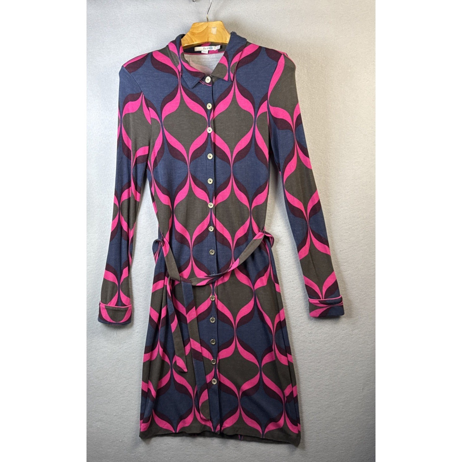 Boden Carnaby Geometric Ogee Viscose Jersey Long Sleeve Shirt Dress Belted US 6R
